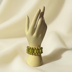 1960s Mod Olive Green Lucite Beaded Bracelet Gold Tone